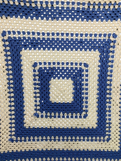 Vintage Crochet Boho Blue White Afghan Blanket Throw 40" Square