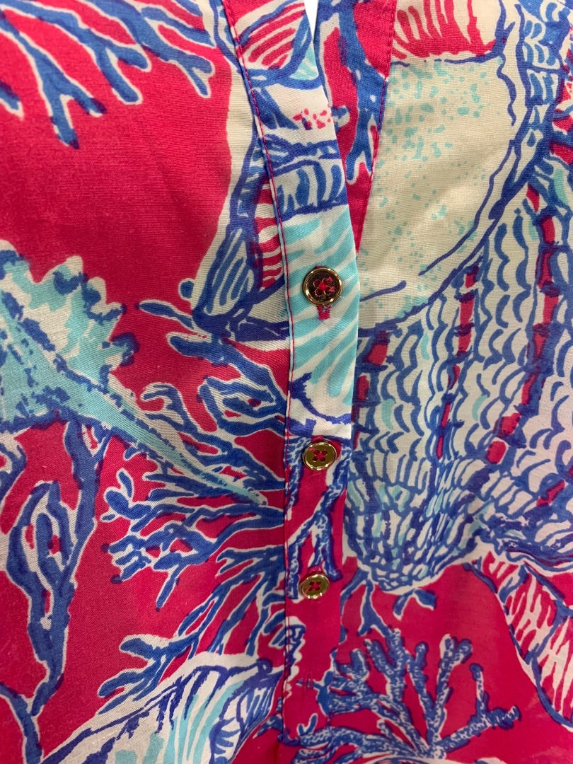XL Talbots Womens Bathing Cover Up Roll Tab Sleeves Shell Print