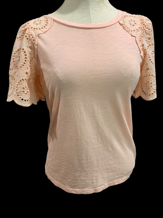 XS Loft Womens Peach Eyelet Sleeve Tshirt Round Neck