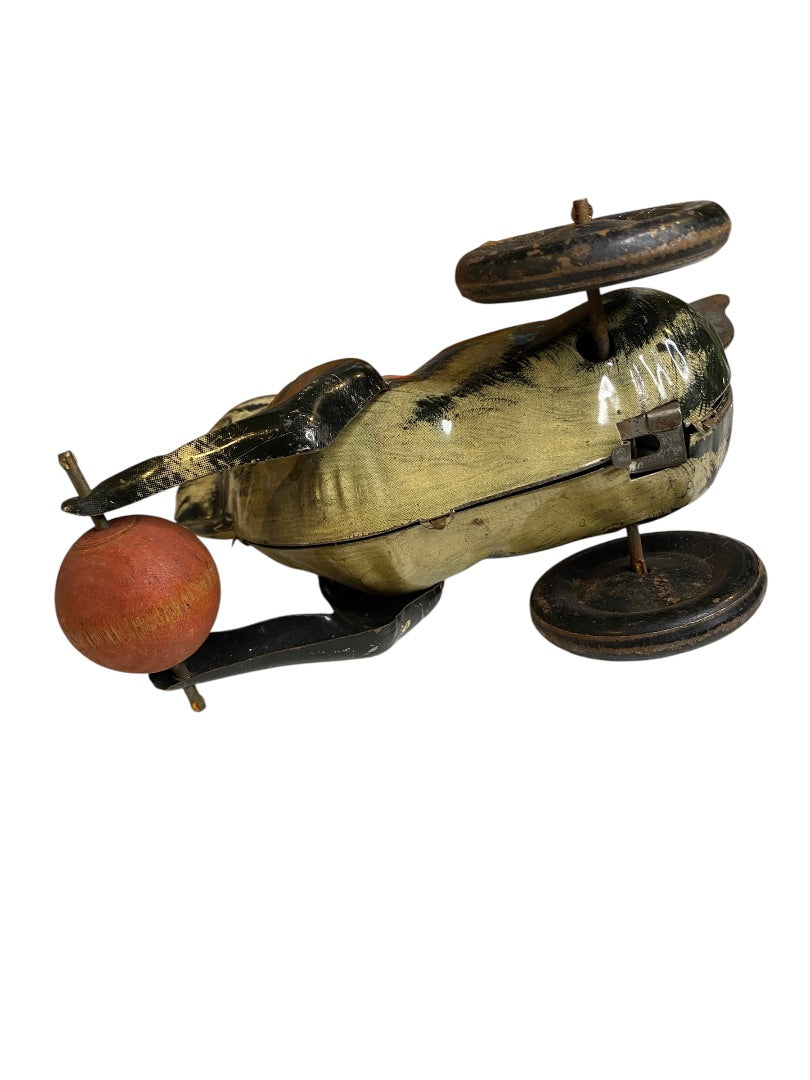 1930s Marx Tin Toy Friction Lever Cat with Wooden Ball 8" Length