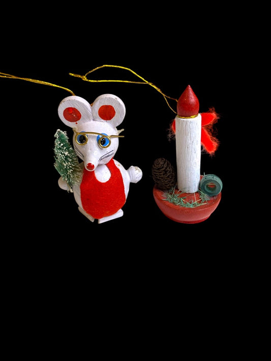 Vintage Wooden Christmas Holiday Ornaments Mouse Candle 2.75"
