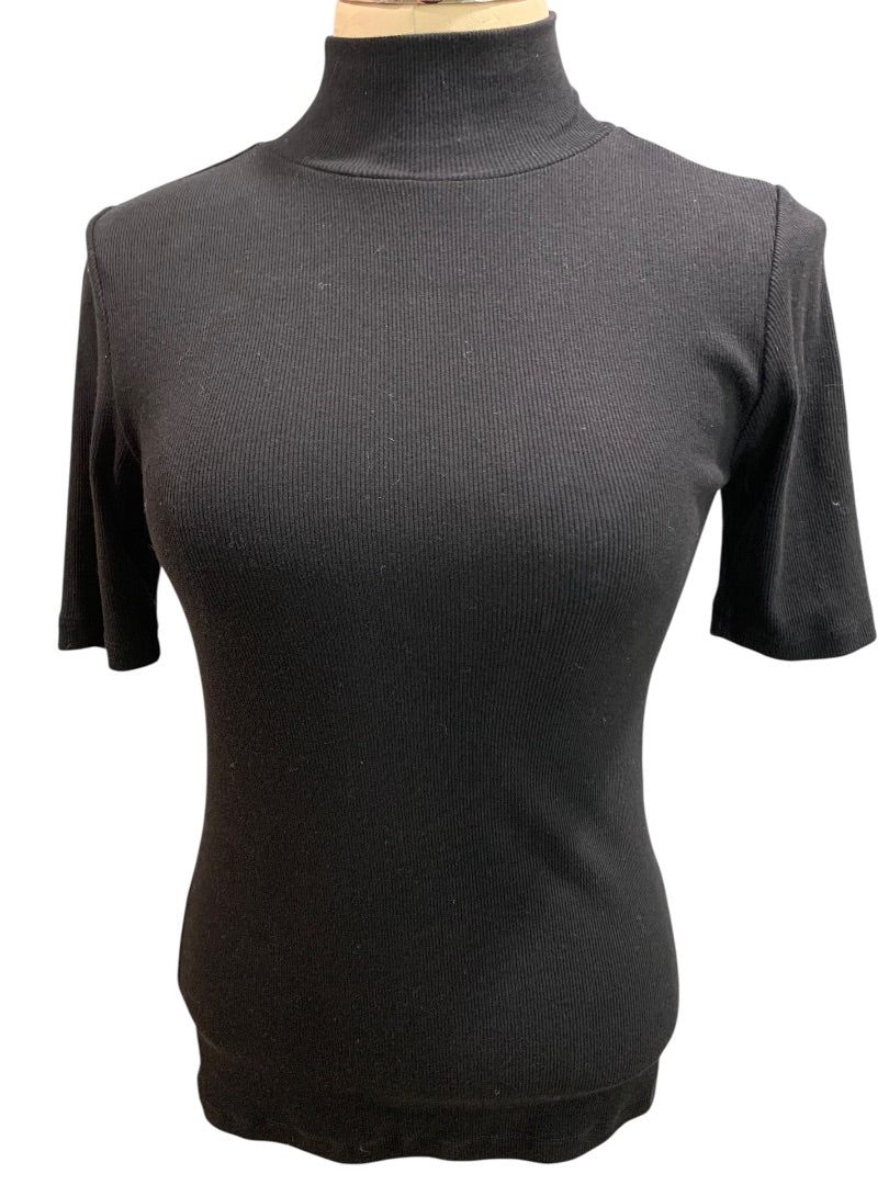 XS Loft Womens Black Ribbed Mock Neck Pullover Shirt Short Sleeve