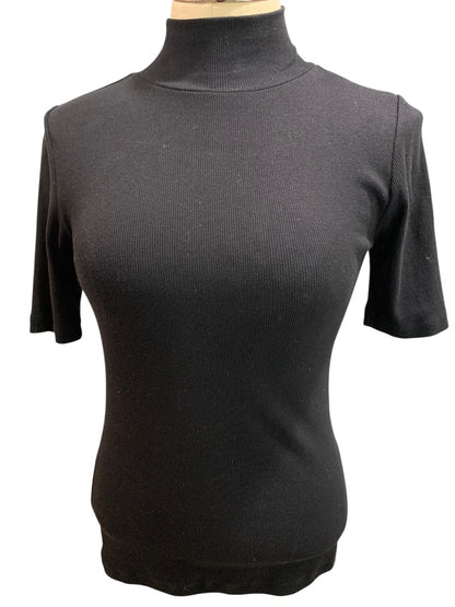XS Loft Womens Black Ribbed Mock Neck Pullover Shirt Short Sleeve