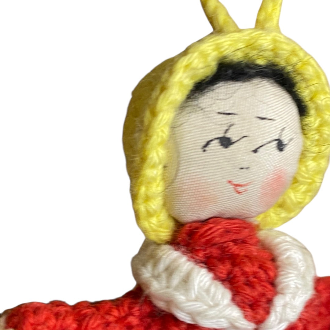 Vintage Amigurumi Japanese Crochet Doll 3" Silk Face Red Blue