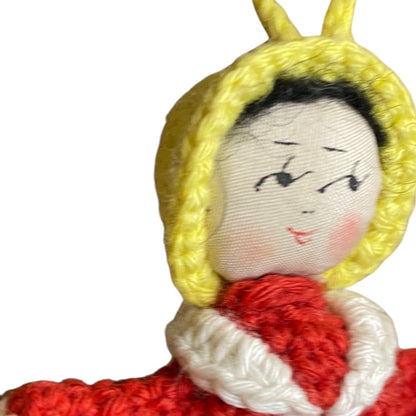 Vintage Amigurumi Japanese Crochet Doll 3" Silk Face Red Blue