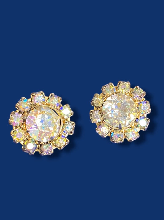 Vintage Signed Kramer Goldtone Rhinestone Clip On Earrings Non-Pierced 20mm