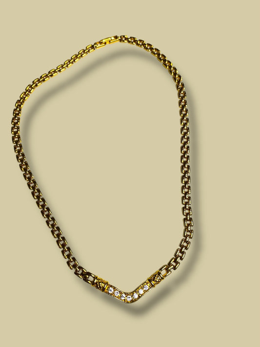 Goldtone V Necklace Shiny Rhinestone 17" Foldover Clasp