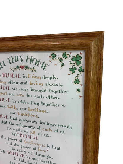 Framed Poem "In This Home . . . " Floral Shamrock Print 13.75" x 10.5"