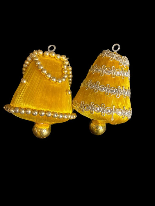Set of 2 Vintage Christmas Ornaments Satin Spun Goldtone Bell 3"