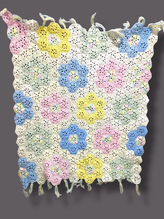Vintage Crochet Baby Blanket Pastels Floral 40" Square Handmade