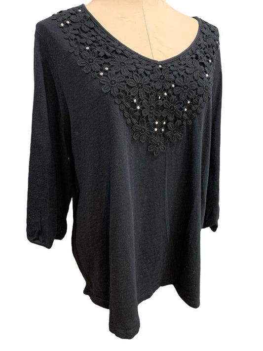 Size 1X Karen Scott Woman Black Crochet Embellished Knit Shirt