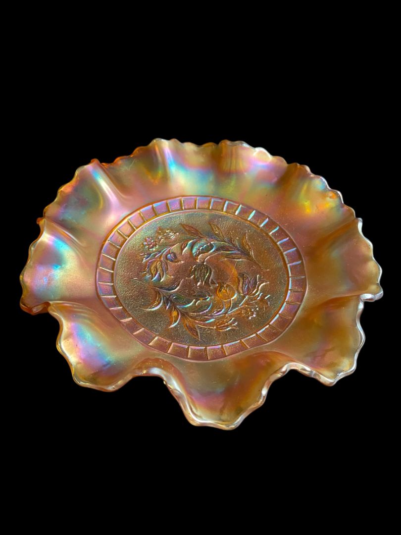 Vintage Dugan Wildflower Marigold Carnival Glass Ruffle 8.75" Bowl