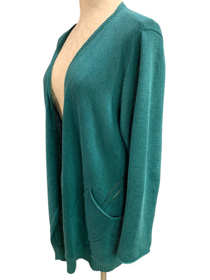 Large Eileen Fisher Womens Linen Teal Cardigan Sweater Pockets Open