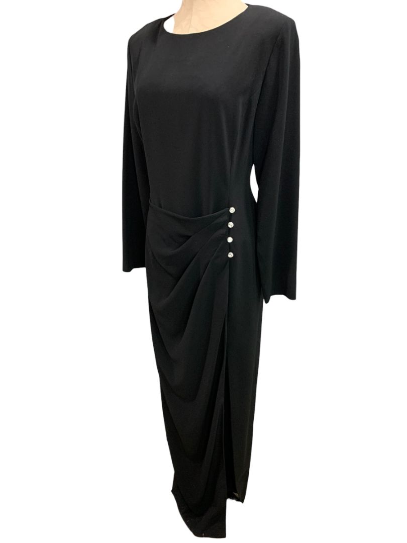 Size 10 Evan Picone Evening Dress Black Long 1990s Rhinestone Decorative Buttons