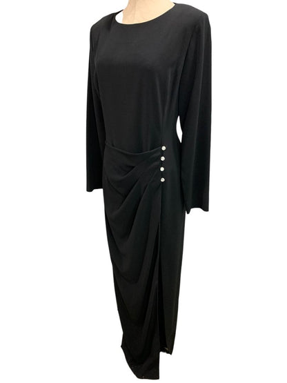 Size 10 Evan Picone Evening Dress Black Long 1990s Rhinestone Decorative Buttons