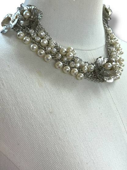 New Silvertone and Faux Pearl Statement Necklace Multistrand 17" + 2" Extender