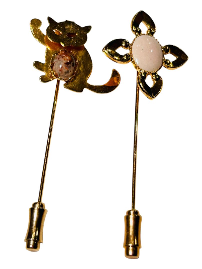Goldtone Stick Pins Set of 2 Cat Flower Pink Stone 2.25"