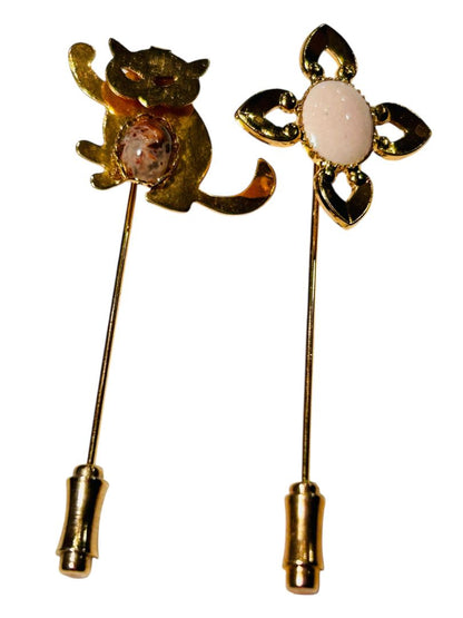 Goldtone Stick Pins Set of 2 Cat Flower Pink Stone 2.25"