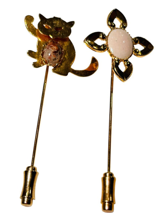 Goldtone Stick Pins Set of 2 Cat Flower Pink Stone 2.25"