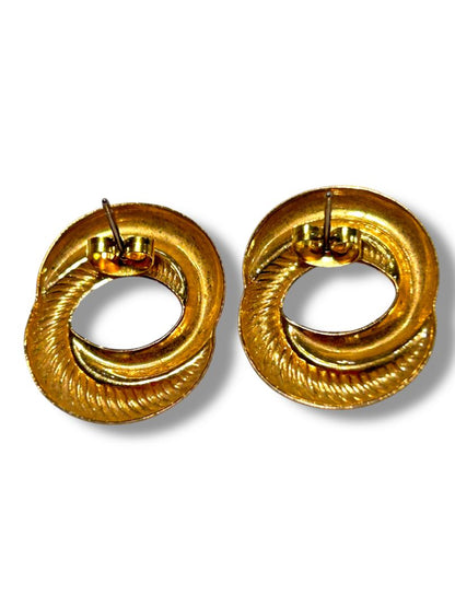 Goldtone Post Pierced Earrings Circle Design Smooth Textured 1" Diameter