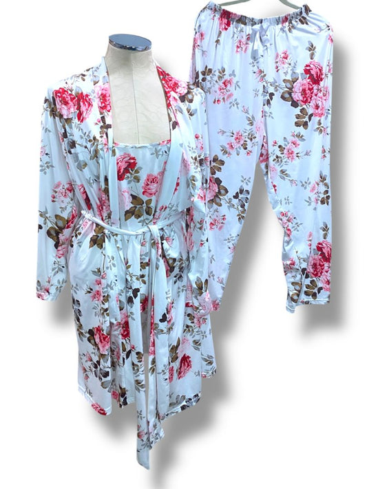 Size 1XL Womens 3 Piece Pajama Set Cami Robe Pants White Rose Print Soft