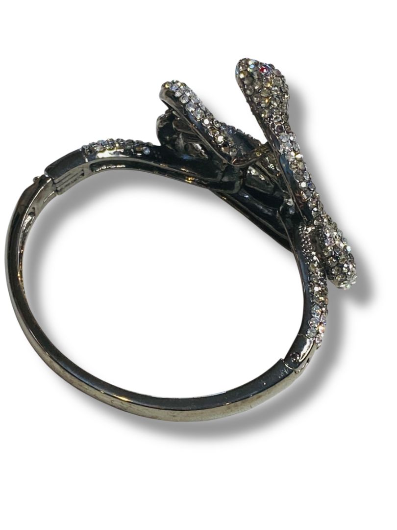 Rhinestone Snake Bangle Bracelet Hinged Pewter Color 1.5" Inside Diameter