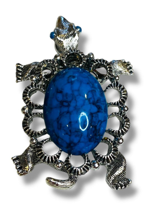 Vintage Signed Gerrys Brooch Pin Turtle Silvertone Turquoise Pendant 2.1"