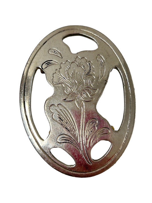 Vintage Signed Kirk Stieff Pewter Brooch Pin Etched Floral 2.25"