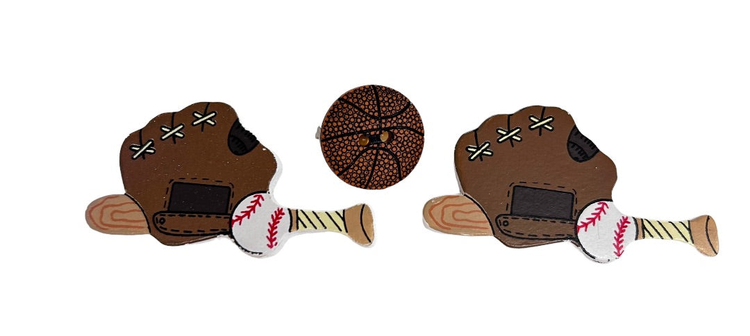 Set of 3 Plastic Pins Baseball Glove Ball Bat and Basketball