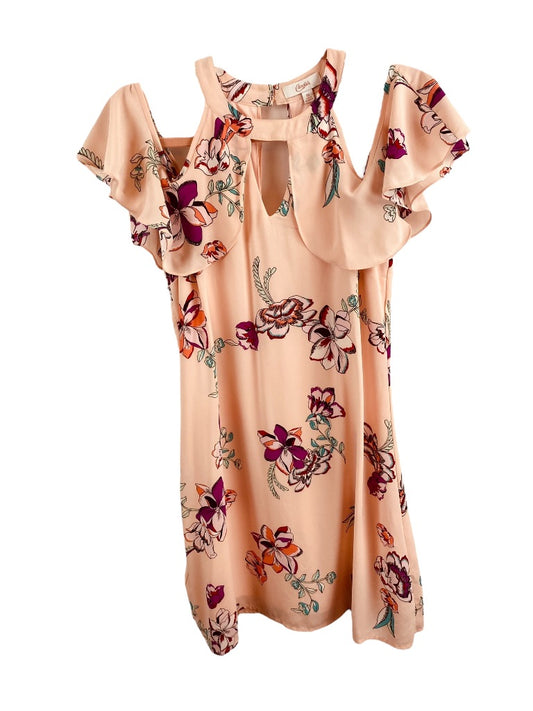 XS Candie's Pink Lined Cold Shoulder Halter Shift Dress Floral