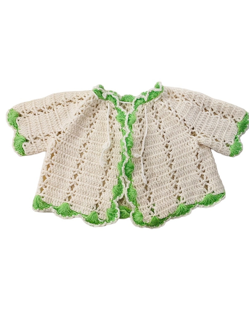 Vintage Hand Crocheted Baby Sweater Cream Green Trim Tie Closure Cardigan 12-24 Mos