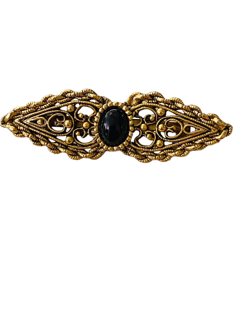 Vintage Victorian Style Brooch Goldtone Black Pin Filigreee Intricate 2" Length