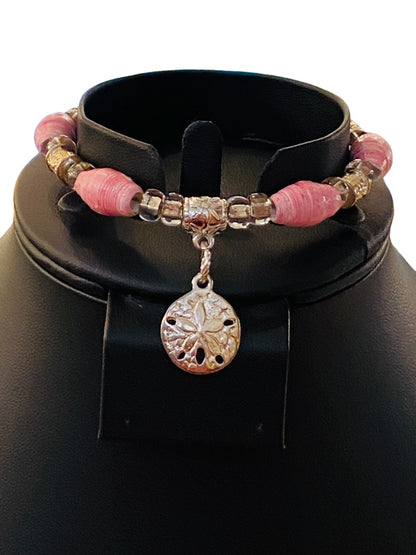 Silvertone Pink Paper Bead Magnetic Clasp Bracelet Sand Dollar Charm 7.75"