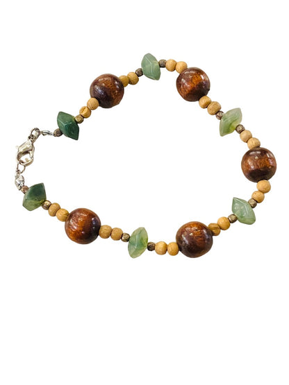 Wood Bead and Green Stone Bracelet 9" Lobster Clasp Lightweight Boho Style