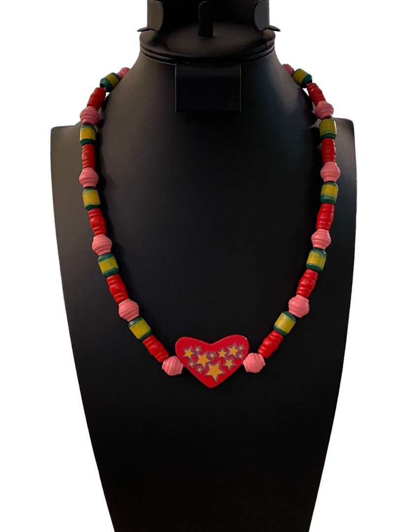 Wooden Beaded Necklace Tie Closure Heart Stars Red Pink Green Yellow 24" Craft