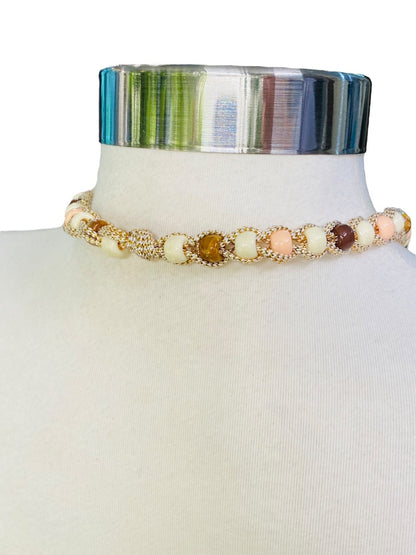 Braided Plastic Bead Necklace 32" Overhead Goldtone Pink Brown Lightweight 5" Tassel