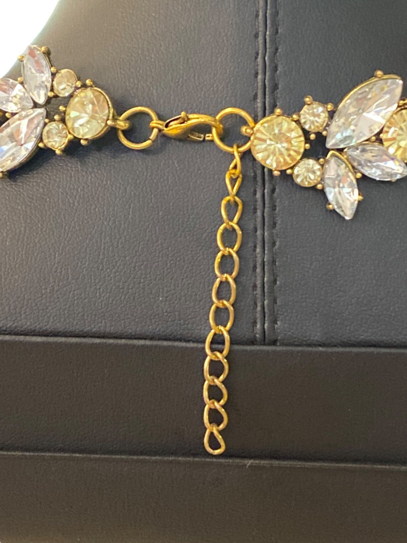 Goldtone Statement Necklace Vine Design Green Clear Faceted Jewels 16-18" Lays Flat