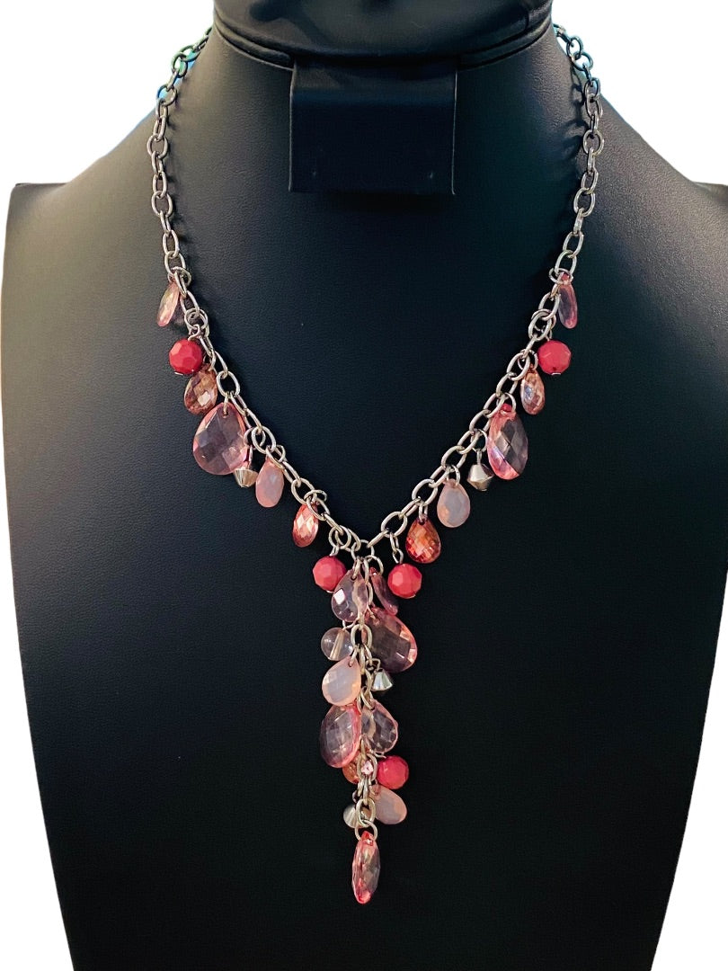 Silvertone Necklace Pink and Mauve Acrylic Faceted Beads 16-19" with 3" Drop