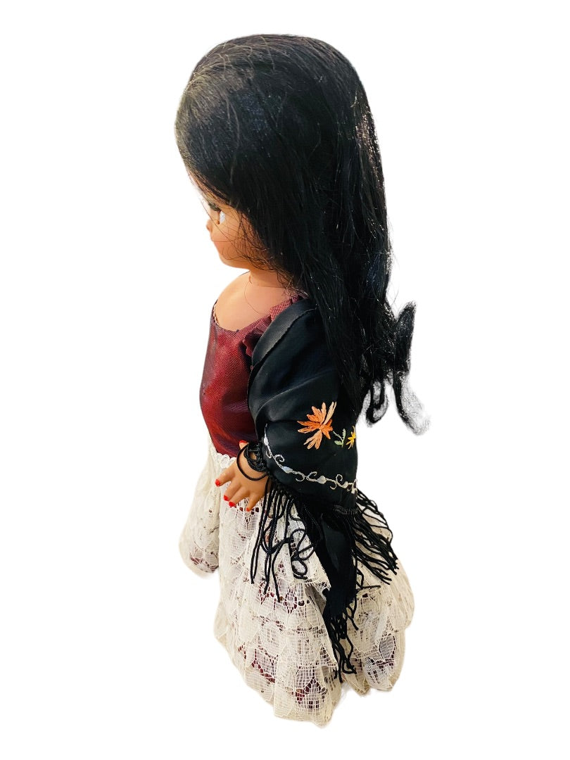 Mexican Girl Doll Sleep Awake Following Eyes 11"H Dress Shawl Earrings