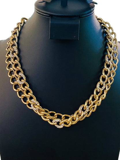 Goldtone Chunky Dual Strand Chain Necklace Lobster Clasp 17-20"