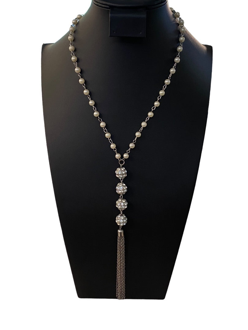 Silvertone Faux Pearl 19" Necklace Tassel 6" Drop Rhinestone Sparkle Lobster Clasp