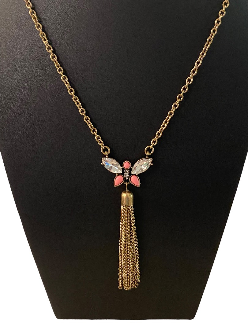 Goldtone Tassel Butterfly 31" Necklace 3.75" Drop Lobster Clasp