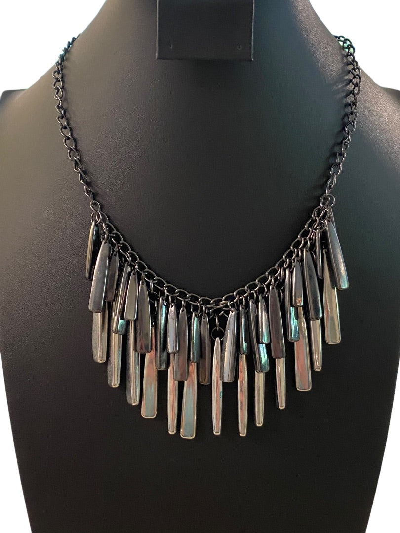 New York & Co Pewter Color and Silvertone Fringe Necklace 18-21" Lobster Clasp 1.5" Drop