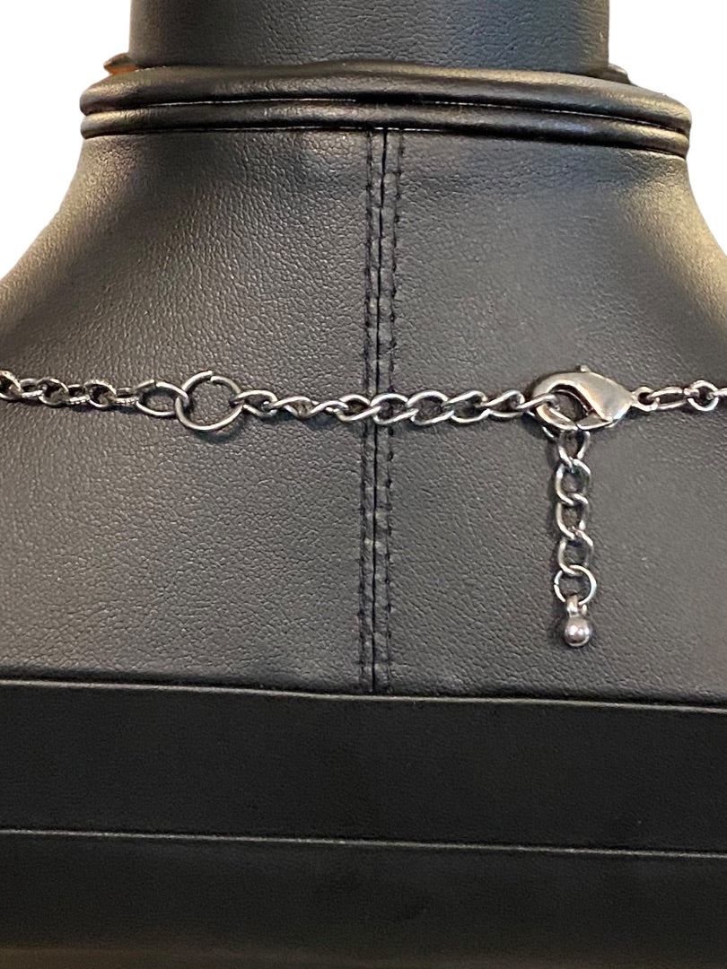 Dark Silvertone Blue Beaded Layered Necklace Floral 19" Lobster Clasp