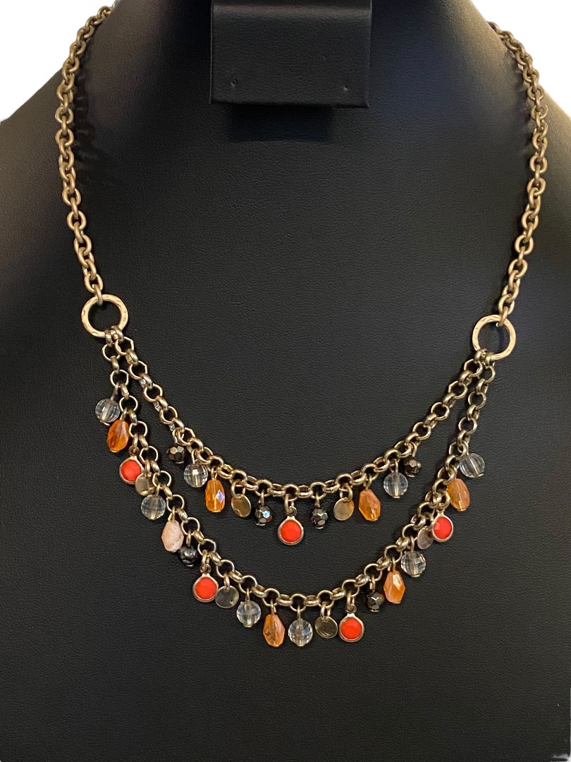 Brushed Goldtone Beaded Double Strand Necklace 17.5"Beaded 3" Drop