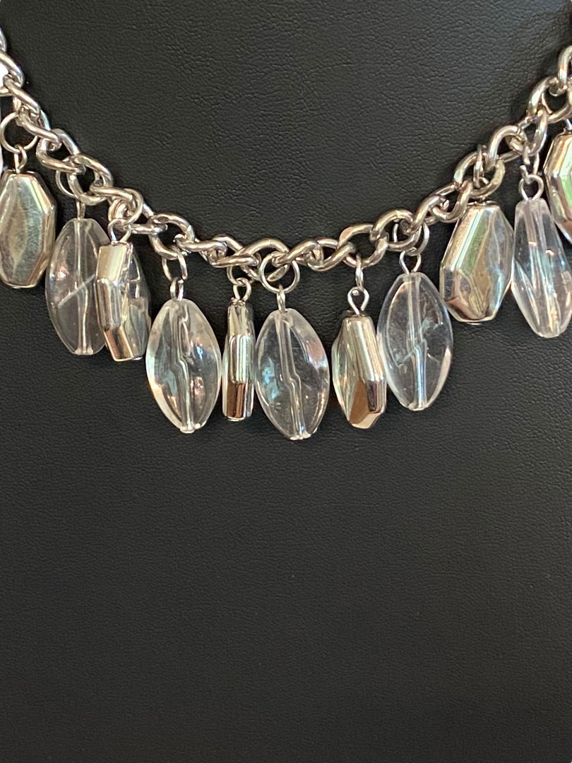 Silvertone 17" Statement Necklace Clear Charm Beads Lobster Clasp