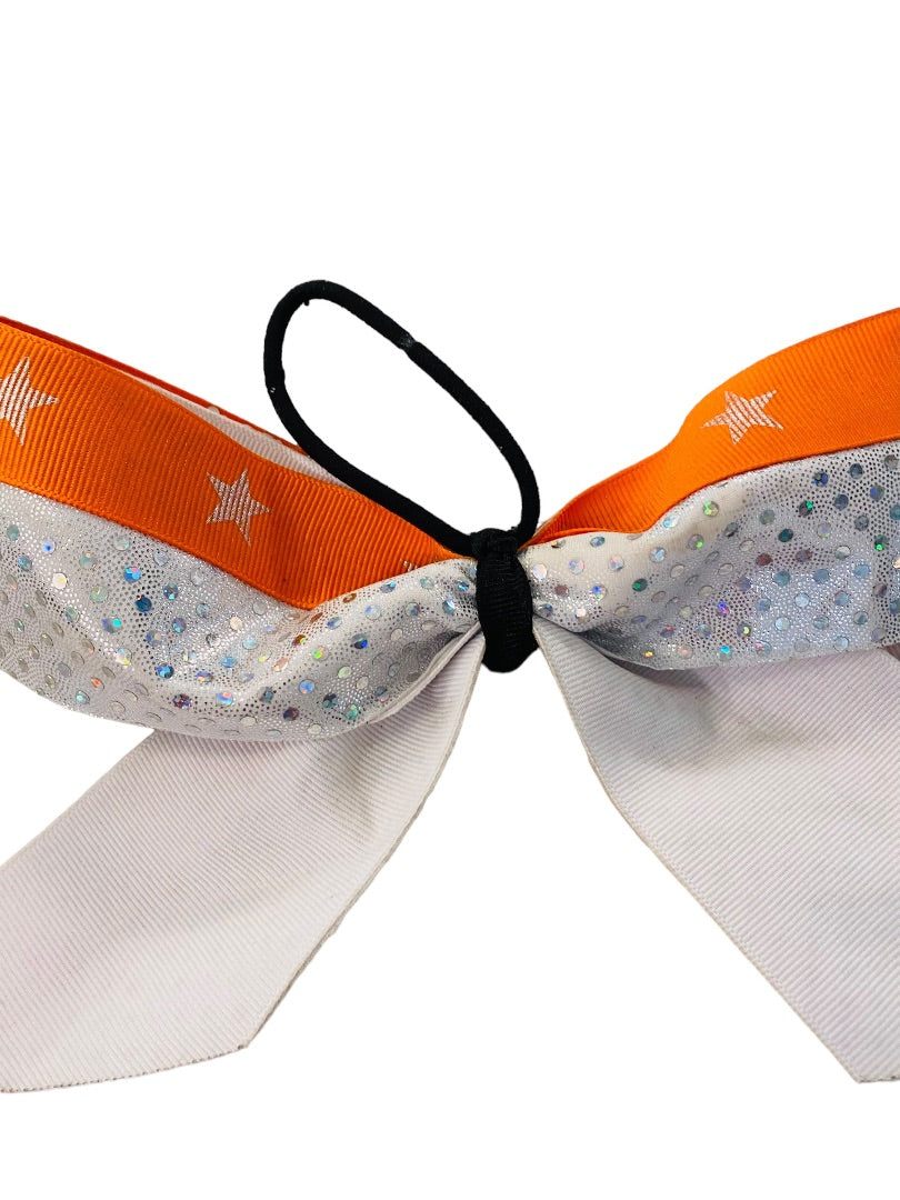 Girls Oversize Hair Bow 8" Elastic Ponytail Silver Orange Star Print