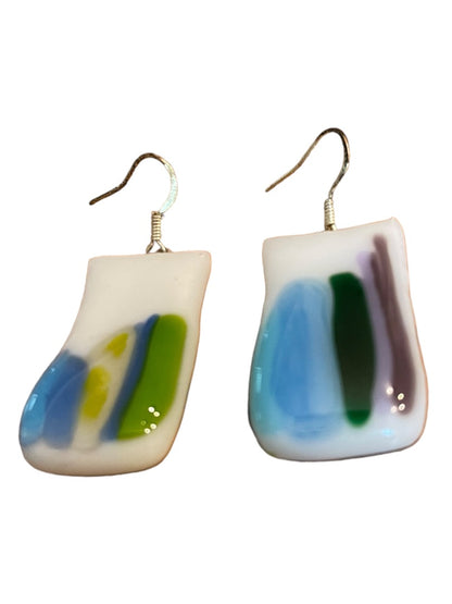 Color Fused Glass Fishhook Earrings Blue Green 1.25" Drop Dangle