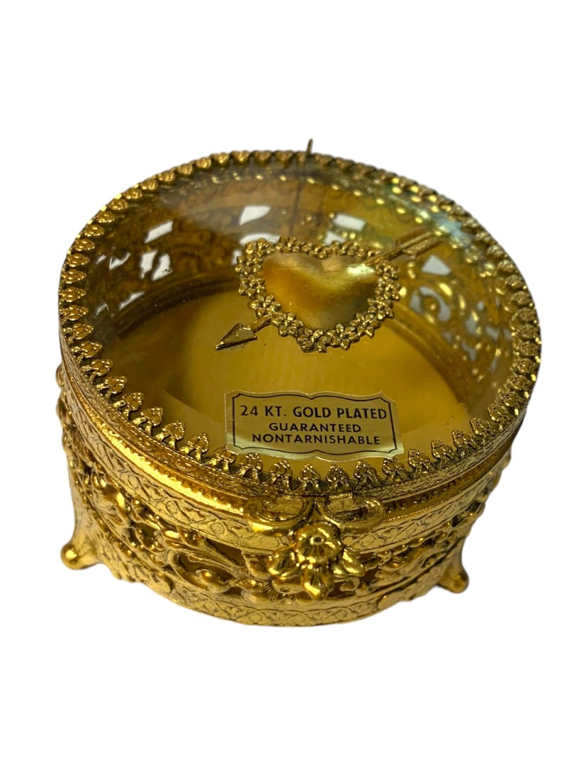 1960s Ormolu Gold Heart 24K Gold Plated 3" Round Jewelry Trinket Box New Carters Scranton PA