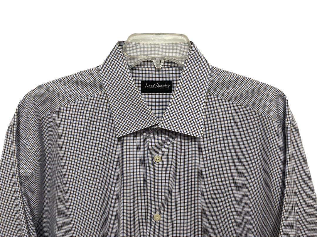 17.5 (32/33) David Donahue Mens Button Up White Blue Brown Dress Shirt